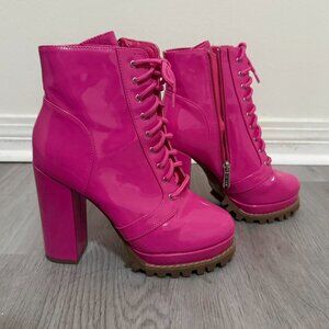 Cape Robbin (Dollskill) Patent High Heel Lug Sole Lace Up Pink Boot Size 6
